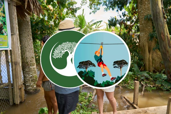 Canopy y Zipline en Iquitos Aventura Extrema sobre la Selva Turistas equipados con cascos y arneses preparándose para realizar canopy zipline en una plataforma elevada en la selva de Iquitos.